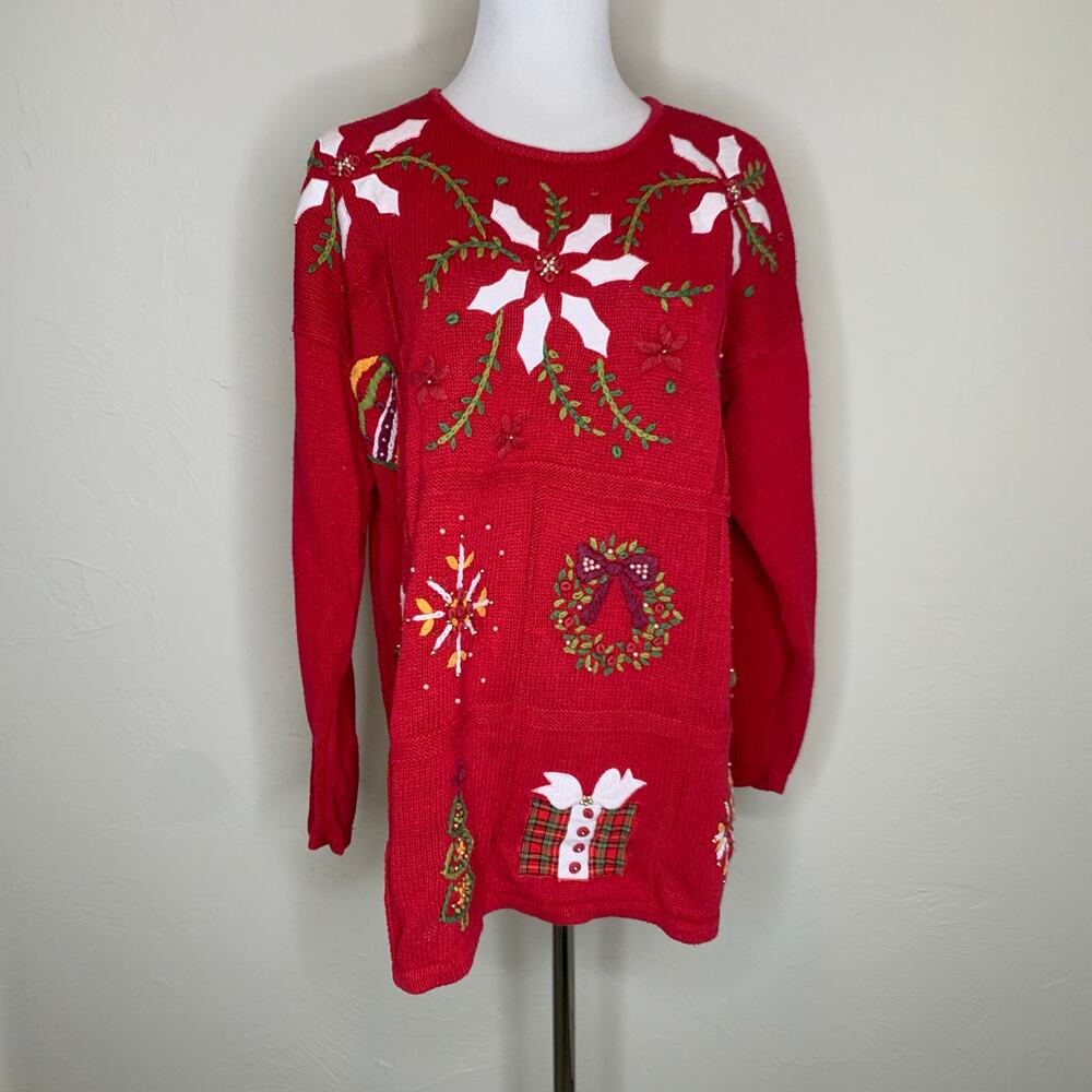 Vintage Poinsettia Bell Wreath Snowflake Christmas Sweater Sz Large